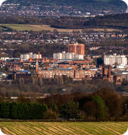 A long distance shot of a town